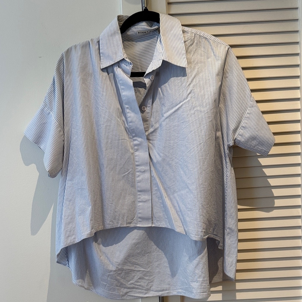 Alice + Olivia Light Blue & White Striped Boxy Button-Down Shirt